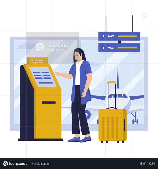 Woman self check in at automatic machine in airport terminal  Illustration