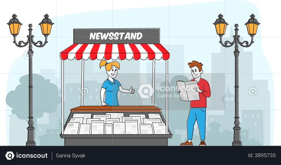 Woman selling newspaper at newspaper kiosk  Illustration