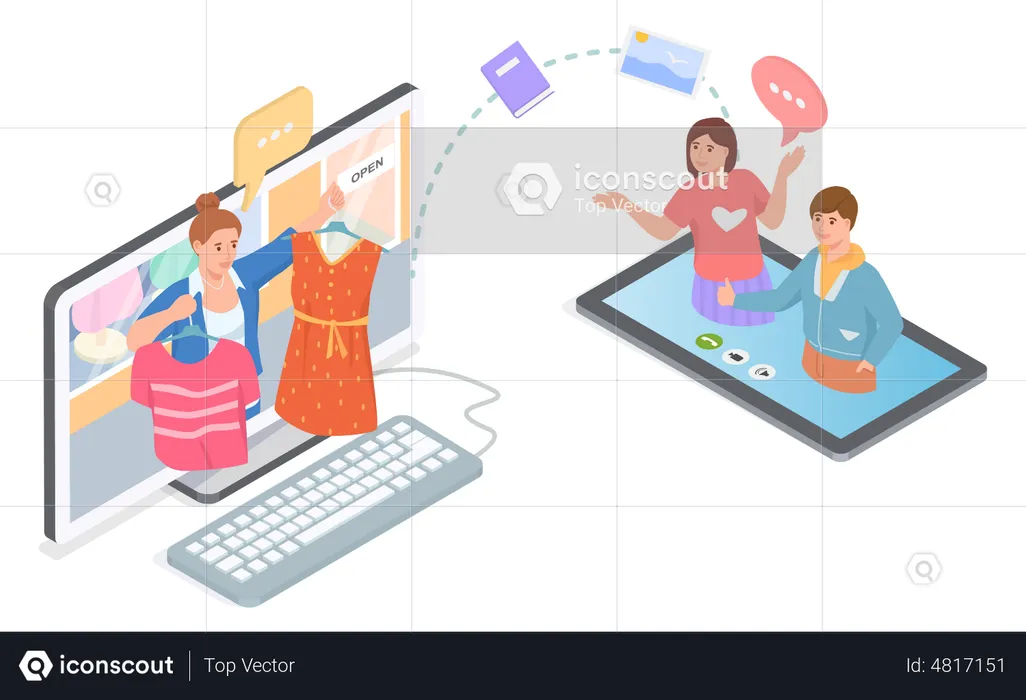Woman selling online while people purchasing product  Illustration