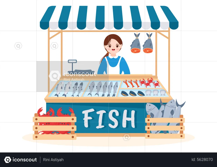 Woman Selling Seafood  Illustration