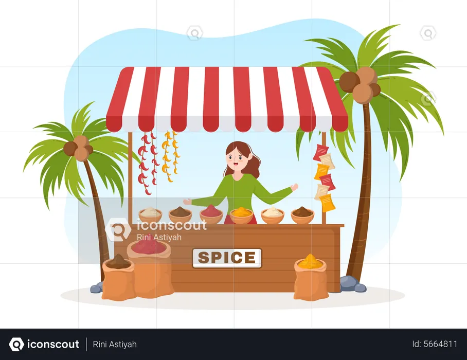 Woman selling spices at vendor stall  Illustration