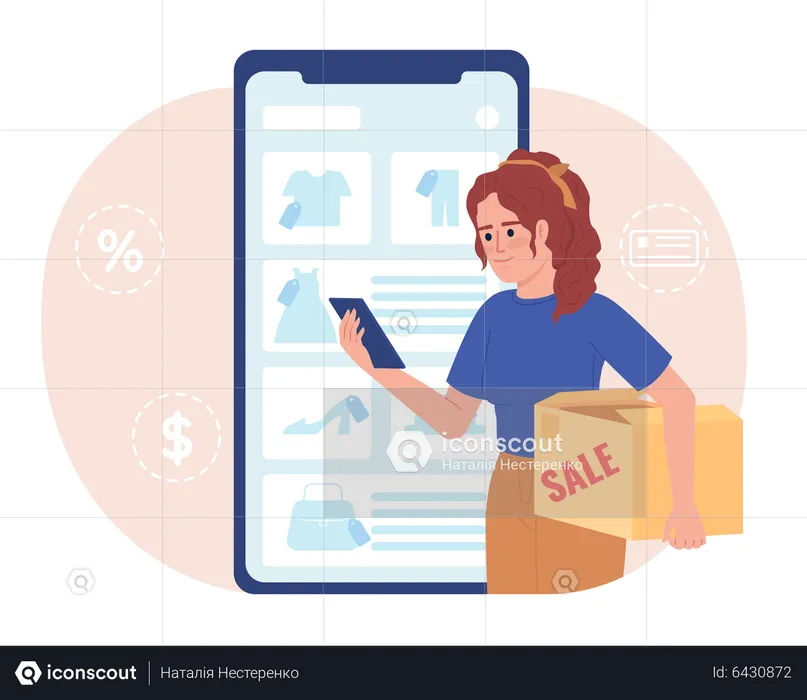 Woman selling unwanted clothes online  Illustration