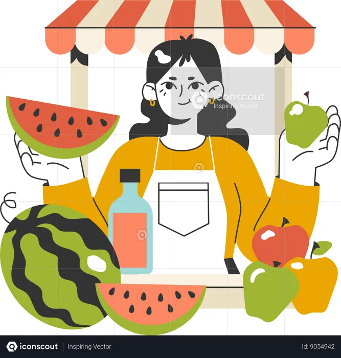 Woman sells watermelon at fruit stall  Illustration