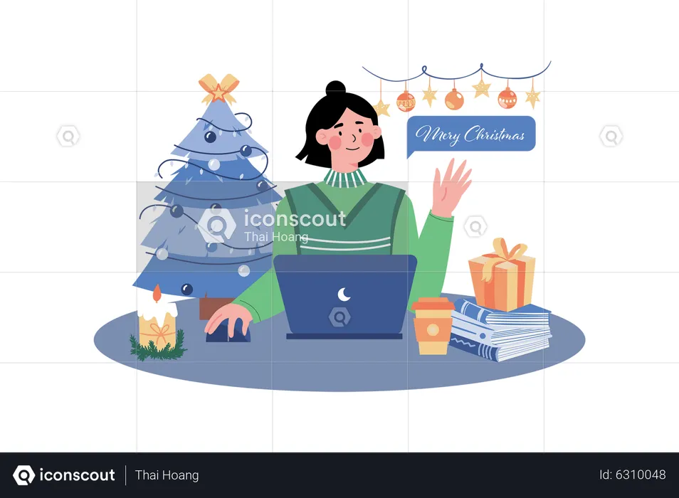 Woman Send Christmas Greeting Online  Illustration