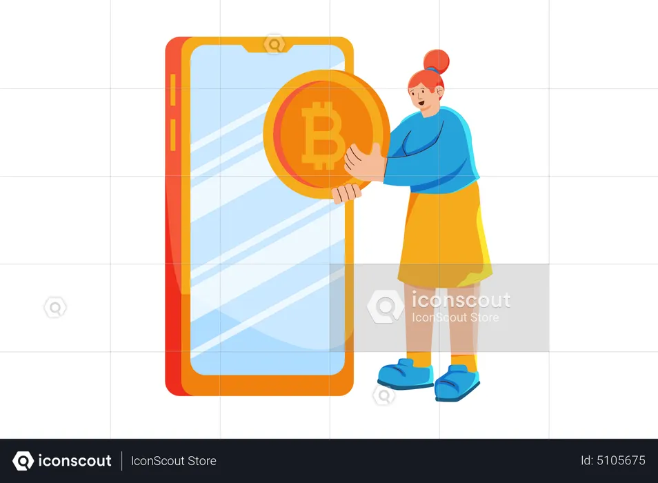 Woman sending bitcoin through mobile app  Illustration