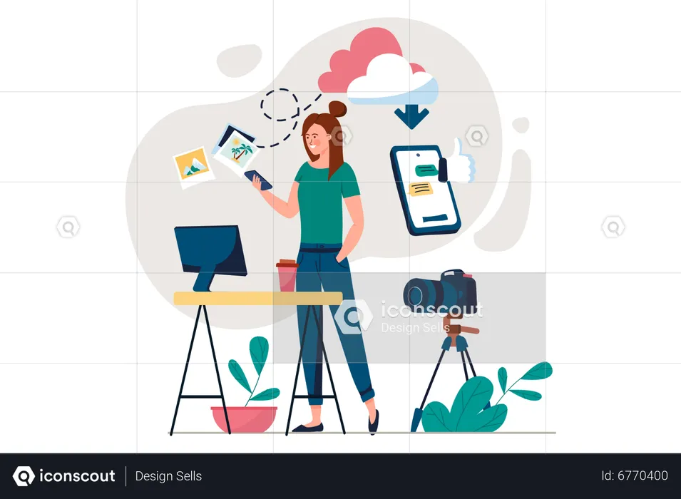 Woman sending image online  Illustration