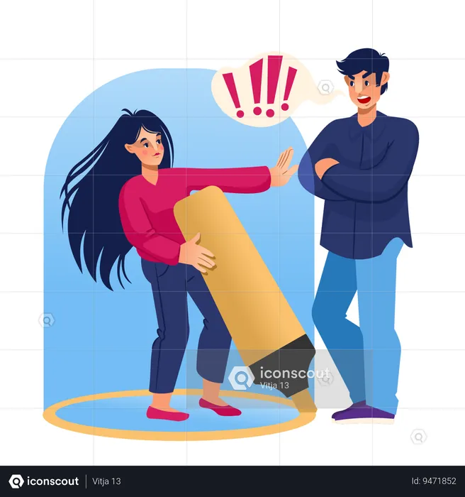 Woman sets personal boundaries and pushes away intrusive guy by drawing line around herself  Illustration