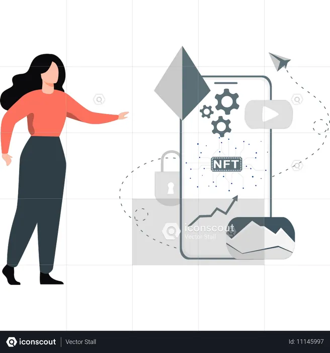 Woman setting nft graph on mobile  Illustration