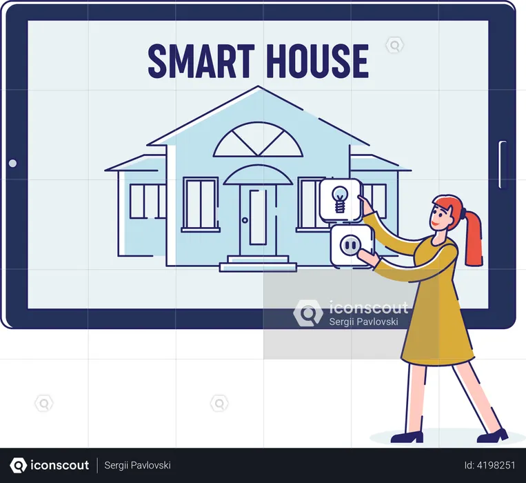 Woman Setting Up Smart House Intelligence Technology On Tablet  Illustration