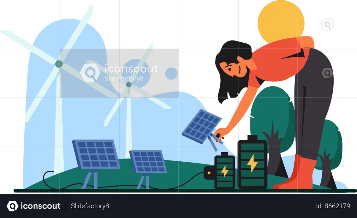 Woman Setting Up Solar Panel  Illustration