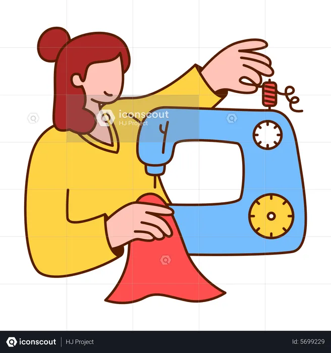 Woman sewing clothes with sewing machine  Illustration