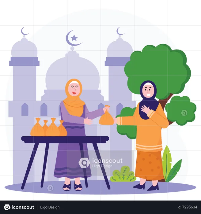 Woman Share Free Qurban Meat  Illustration