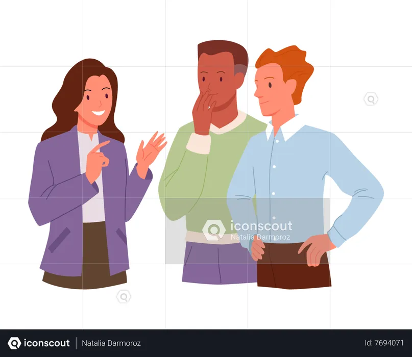 Woman sharing gossip with fellow male friends  Illustration
