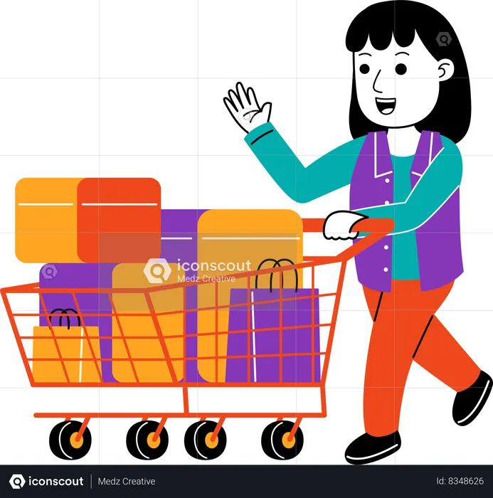 Woman Shopper carrying groceries on trolley  Illustration