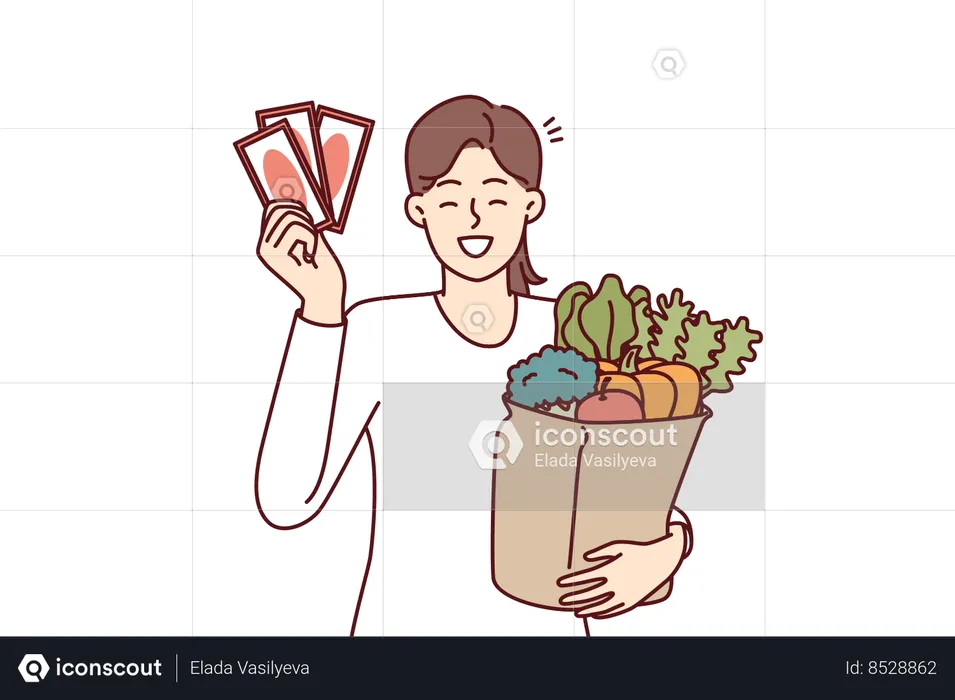 Woman shopper holding gift vouchers from supermarket and paper bag  Illustration