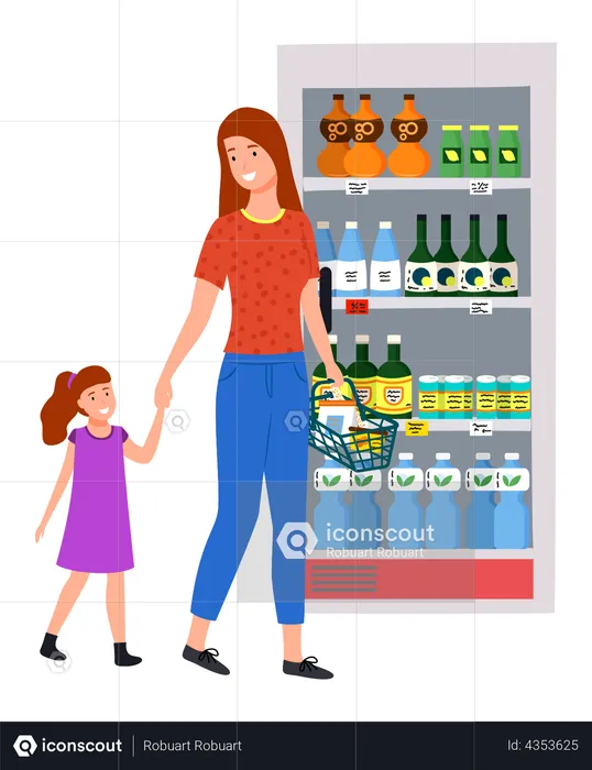 Woman shopping at grocery mart with daughter  Illustration