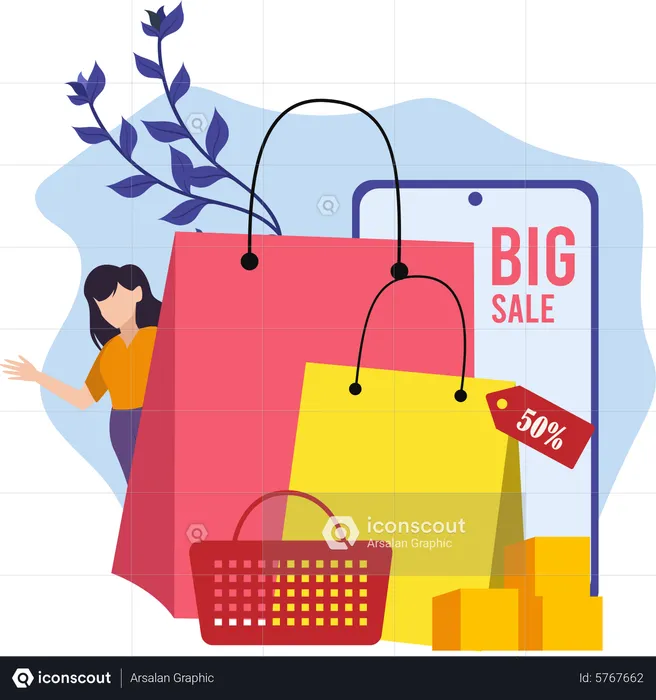 Woman shopping during big sale  Illustration