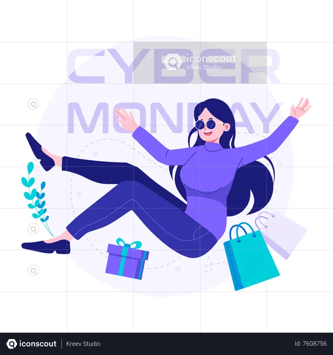 Woman shopping for many things on cyber monday  Illustration