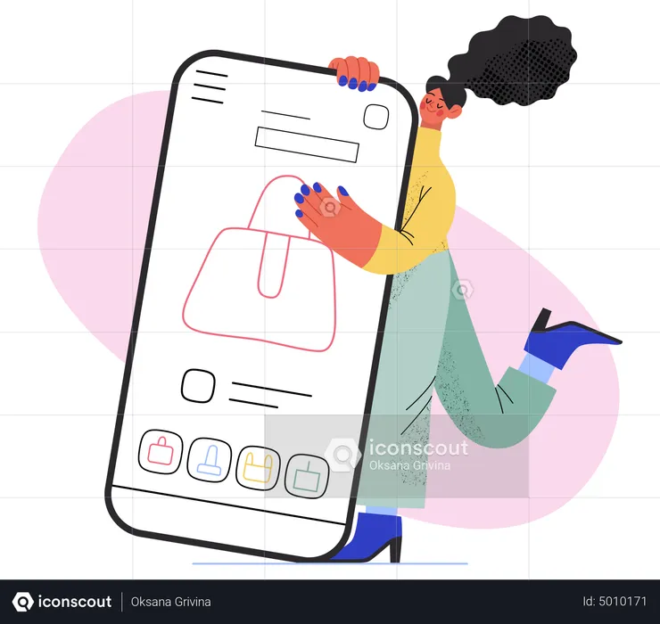 Woman shopping for purse using mobile app  Illustration