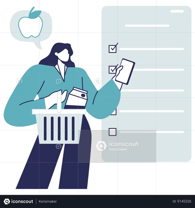 Woman shopping grocery using grocery list  Illustration