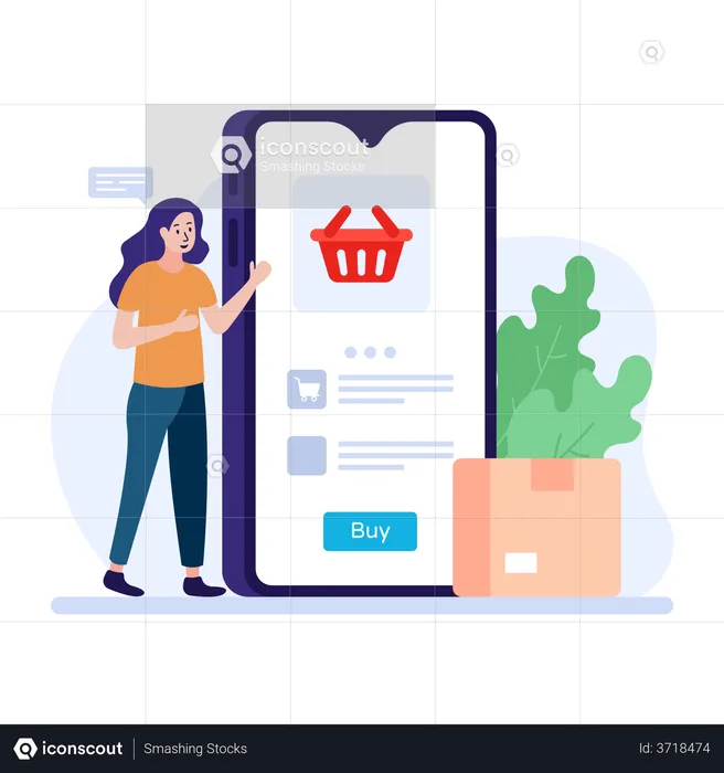 Woman shopping online using smartphone application  Illustration