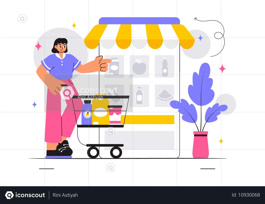 Woman shops from online grocery application  Illustration