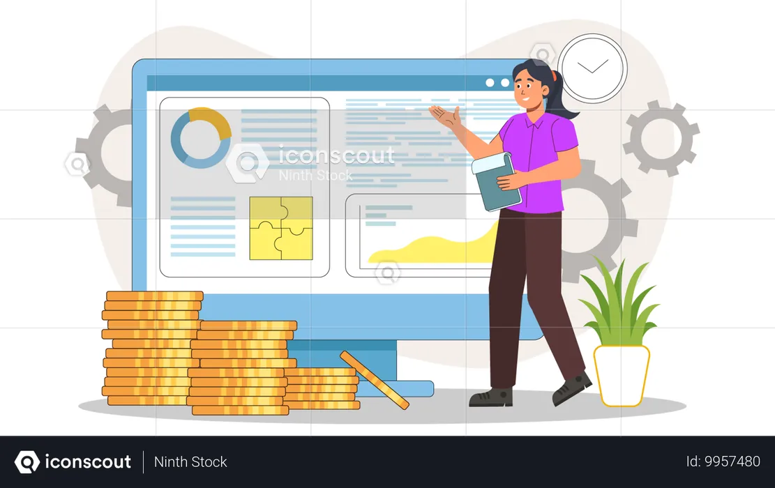 Woman showcasing online investment platform  Illustration