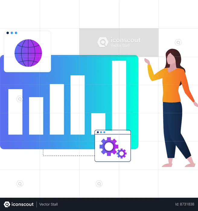 Woman showing bar graph statistics on screen  Illustration