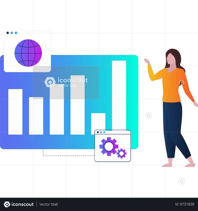 Woman showing bar graph statistics on screen  Illustration