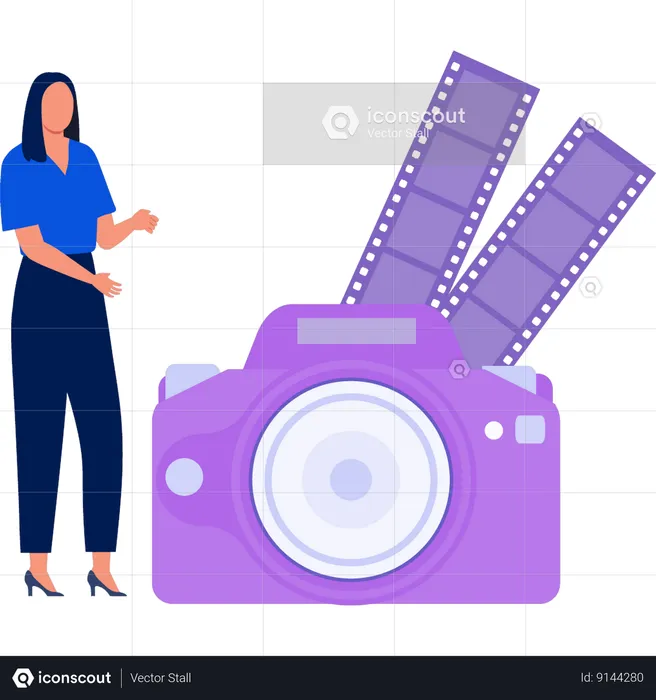 Woman showing  camera reels  Illustration