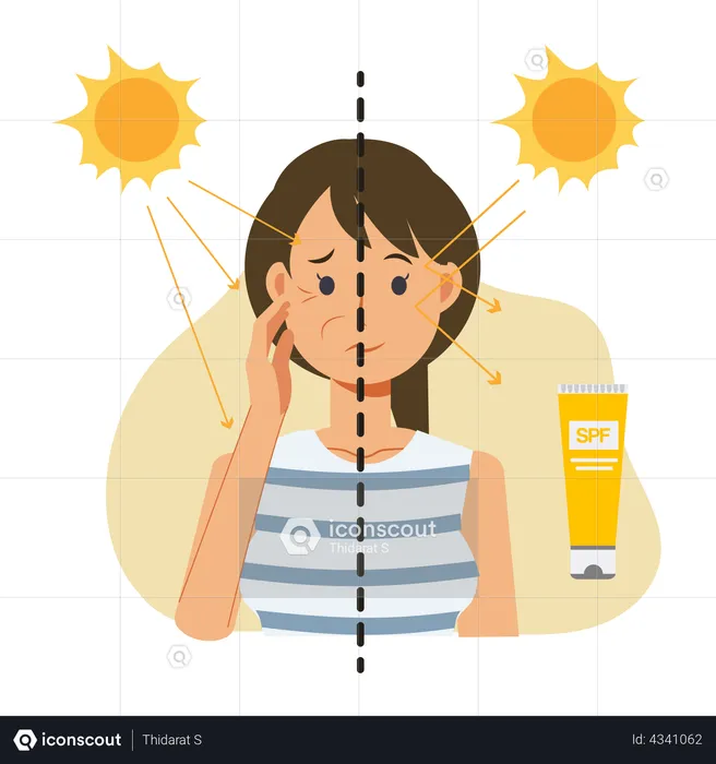 Woman showing comparison about using and not use sunblock product  Illustration