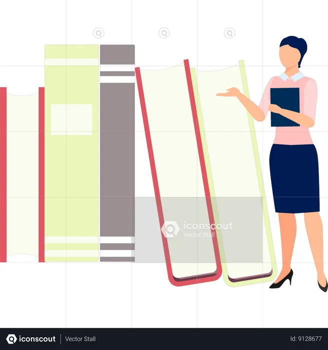 Woman showing different books  Illustration
