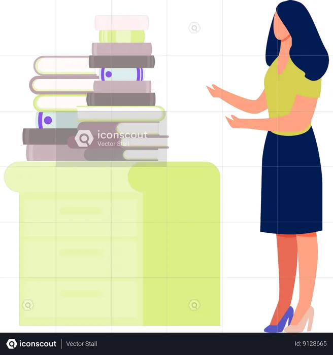 Woman showing different education books  Illustration