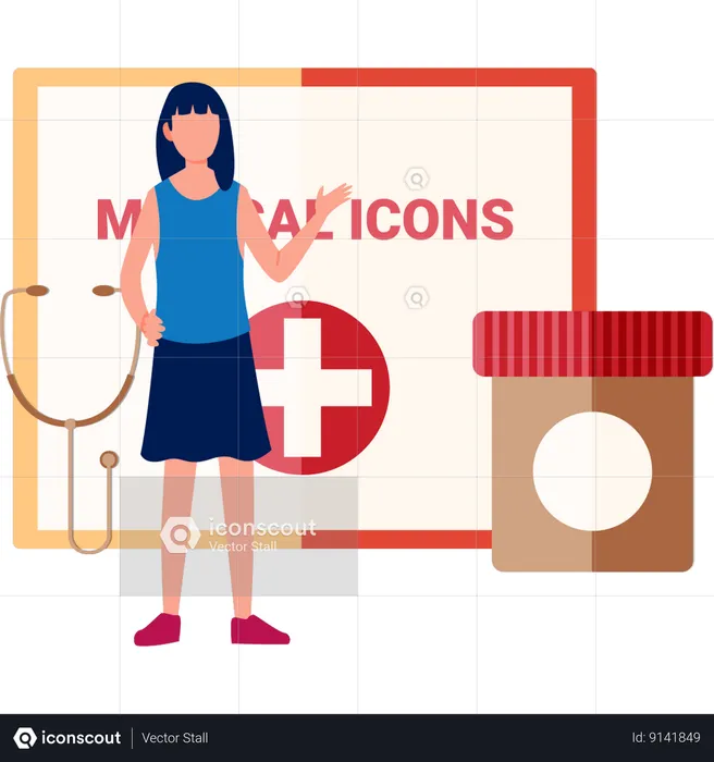 Woman Showing First Aid Medications  Illustration