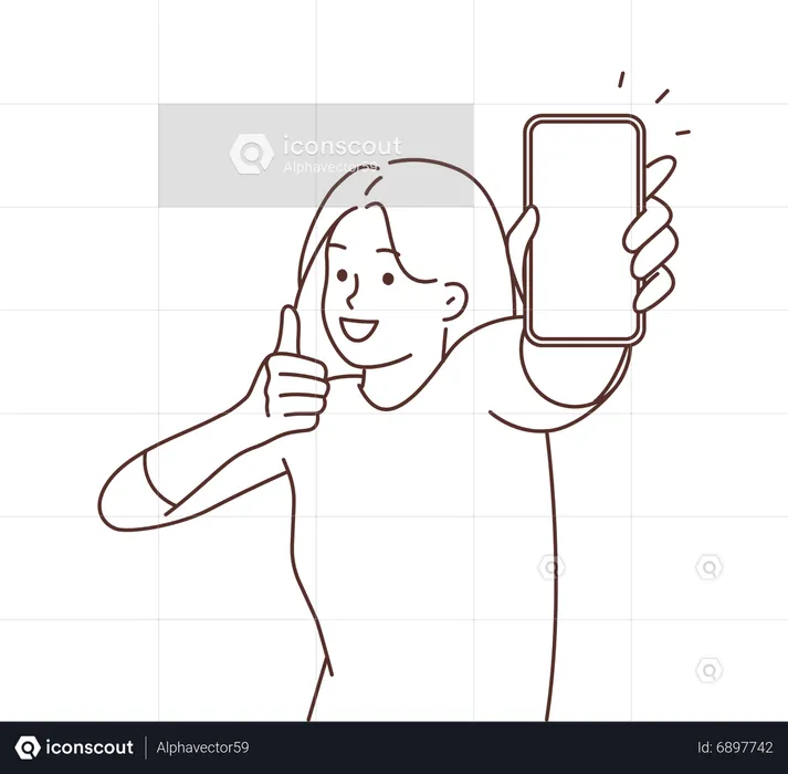 Woman showing mobile and thumbs up  Illustration