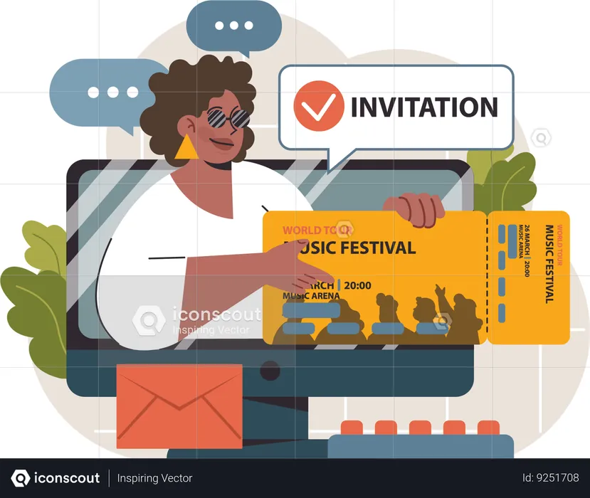 Woman showing online music festival ticket  Illustration