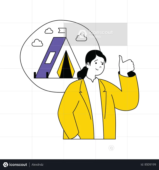 Woman showing thumbs up for camping  Illustration