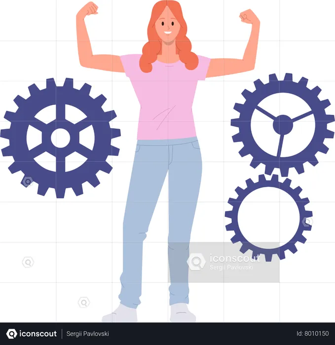 Excited woman showing arm muscle winner gesture proud of find creative solution  Illustration