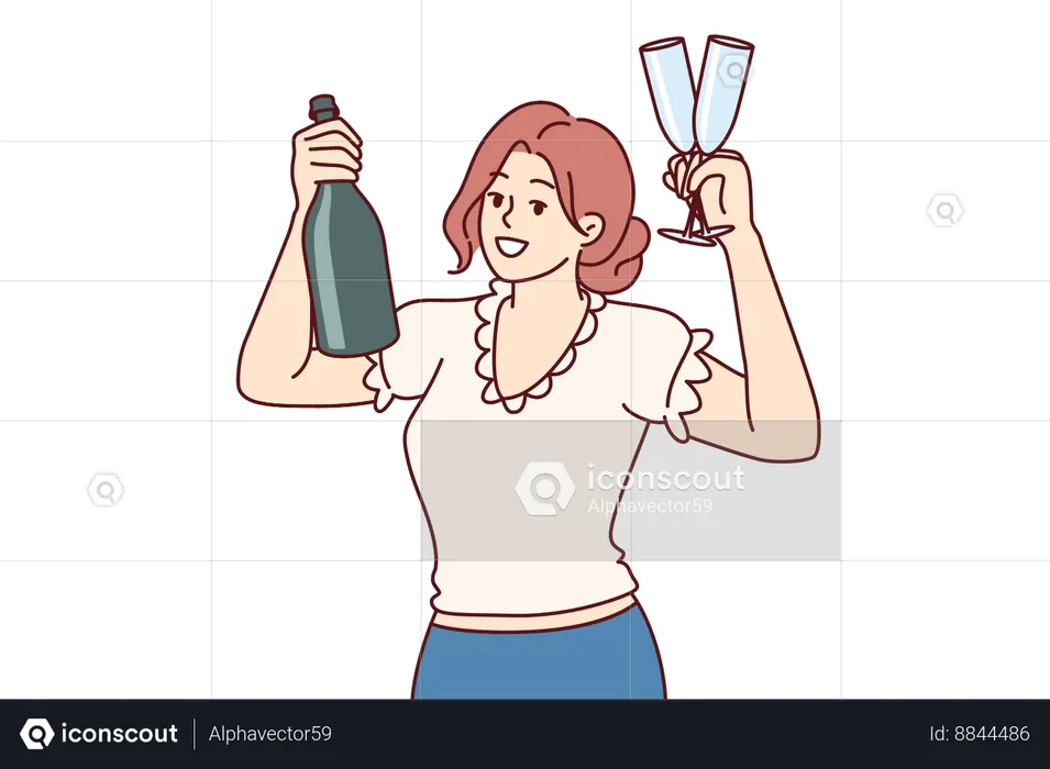 Woman shows bottle champagne and wine glasses suggesting friday night party  Illustration