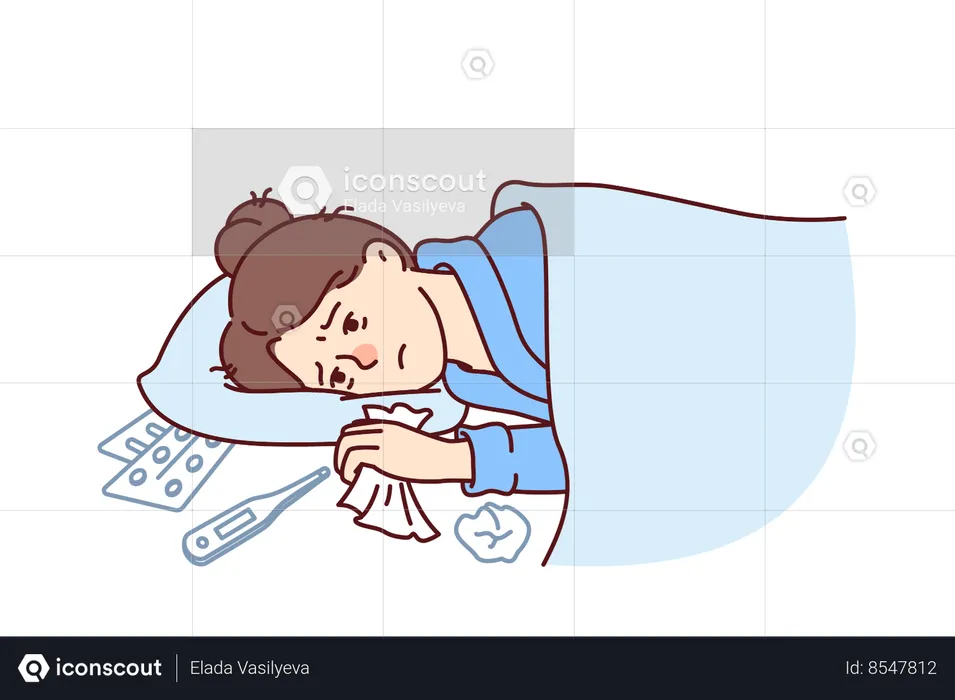 Woman sick with flu lies under blanket with handkerchief in hand near thermometer and medicines  Illustration