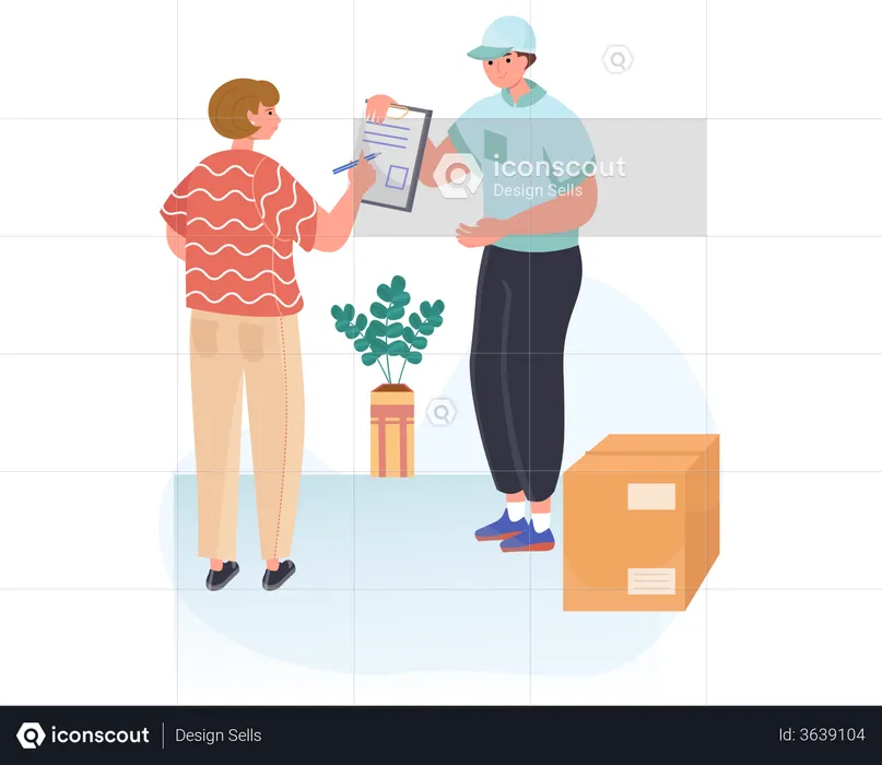 Woman signing document to receiving parcel box from delivery man  Illustration