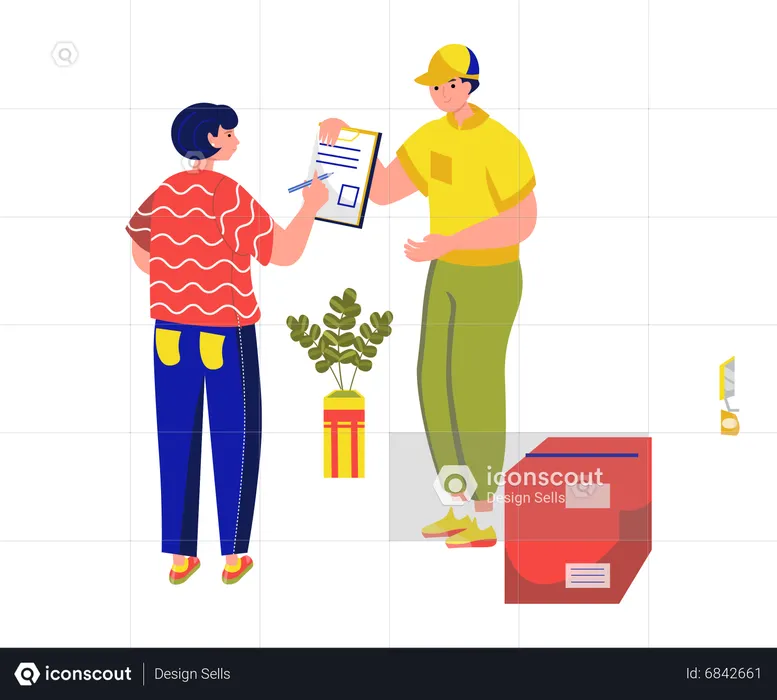 Woman signing document to receiving parcel box from delivery man  Illustration
