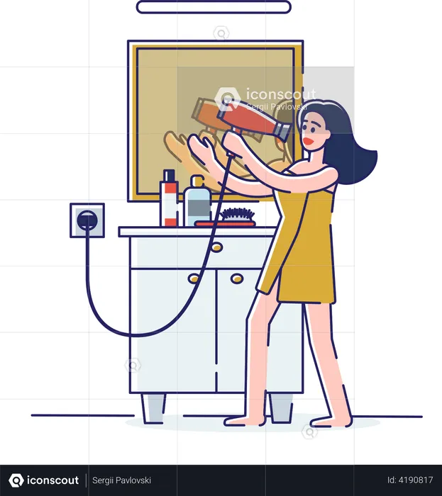 Woman singing in hair dryer  Illustration