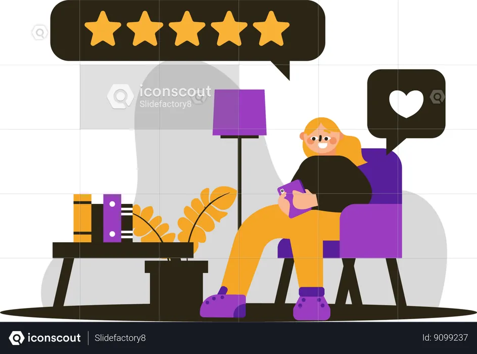 Woman siring on chair and giving five stars  Illustration