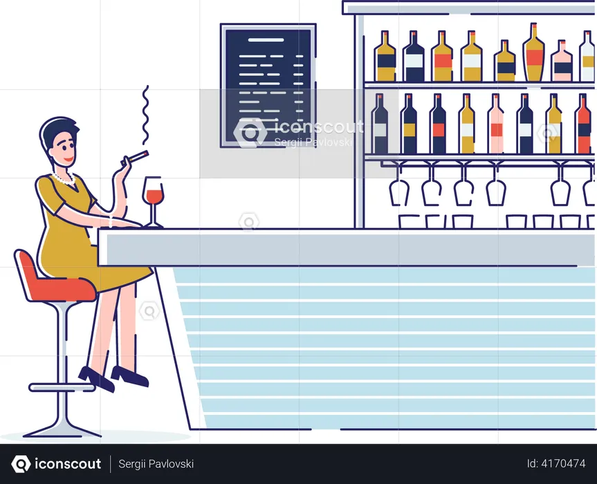 Woman Sit At Bar Counter And Have A Good Time Smoking And Drinking Alcohol, Have Fun  Illustration