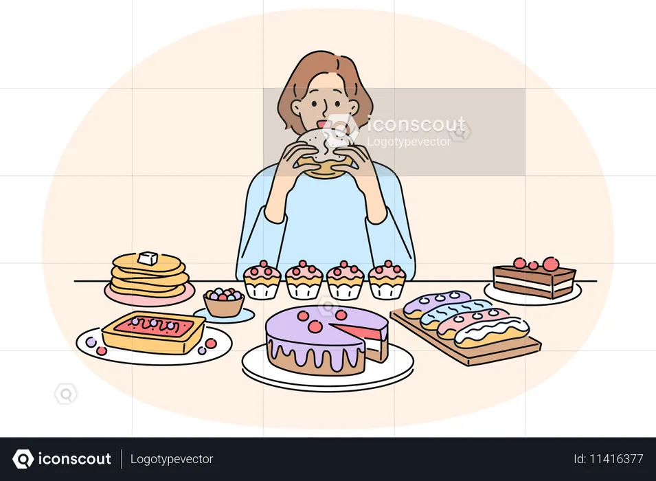 Woman sit at table eating numerous desserts  Illustration
