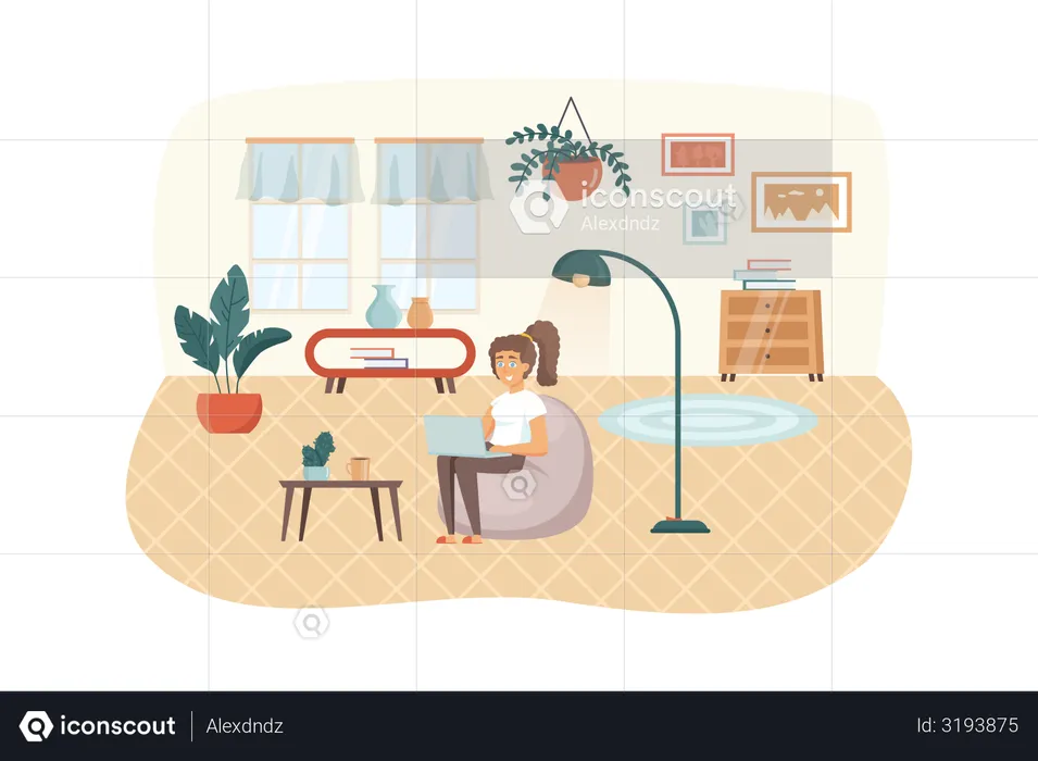Woman sits in chair with laptop in living room  Illustration