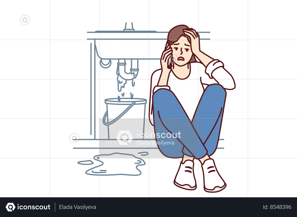Woman sits near leaking sink in bathroom  Illustration