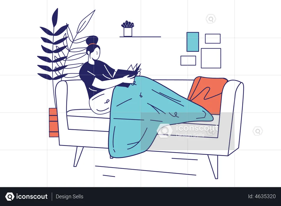 Woman sits with book on sofa  Illustration