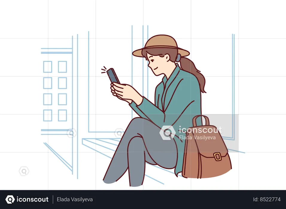 Woman sitting at bus stop using phone  Illustration